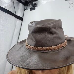Vtg Men's Hat Cowboy Safari Rodeo Unisex Brown Distress Leather Braided Band S‎